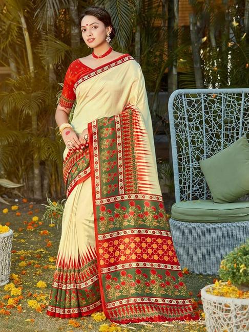 saree mall off-white & red floral print saree with unstitched blouse