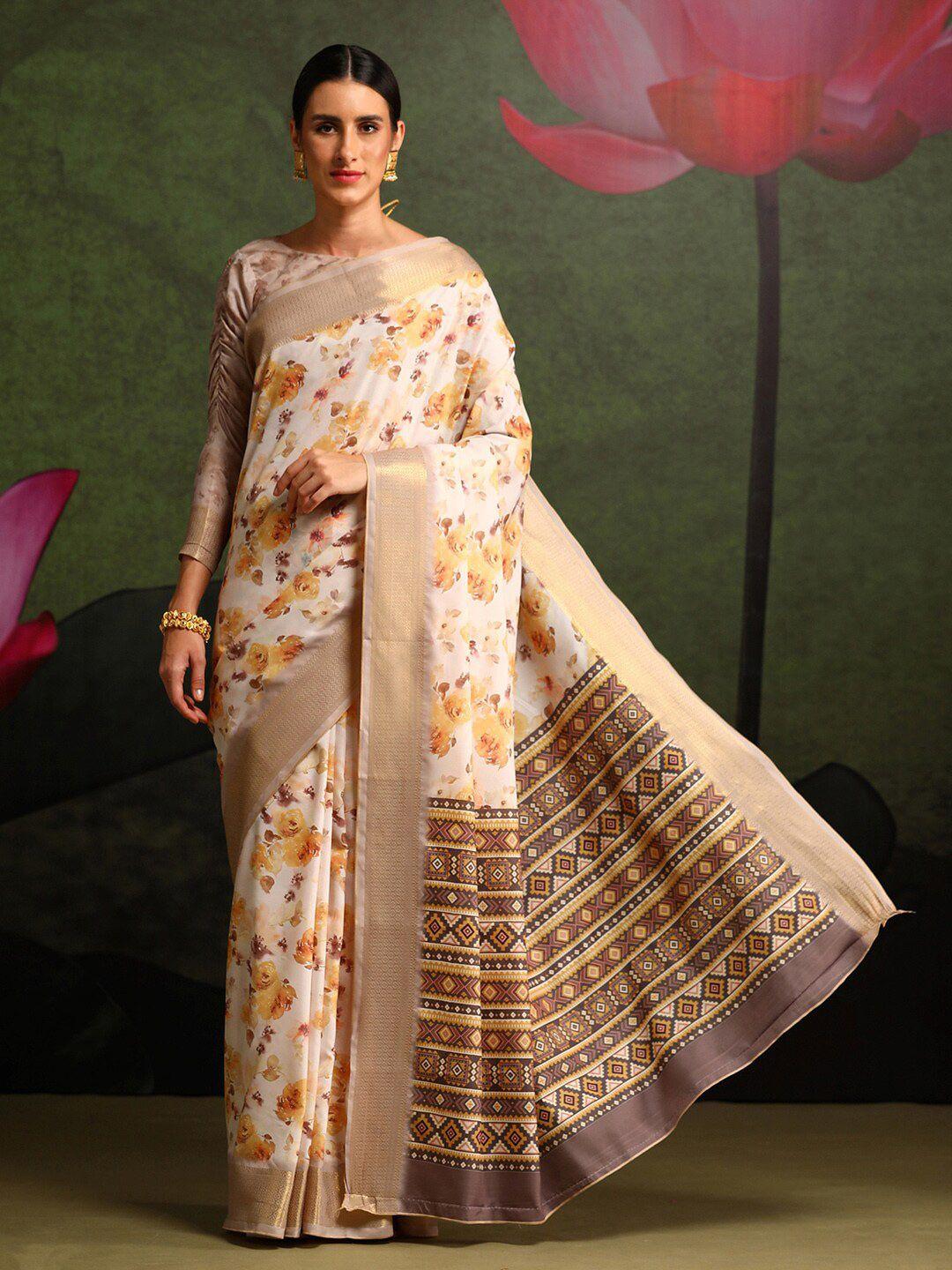 saree mall off white & yellow floral zari silk blend sungudi sarees