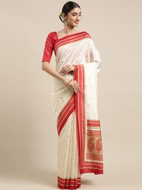 saree mall off-white printed saree with unstitched blouse