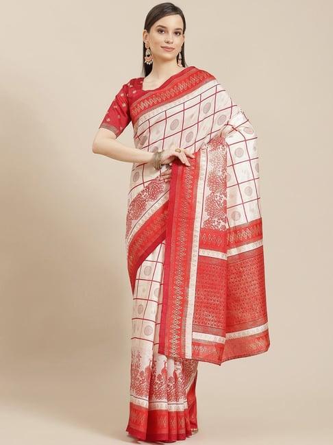 saree mall off-white printed saree with unstitched blouse