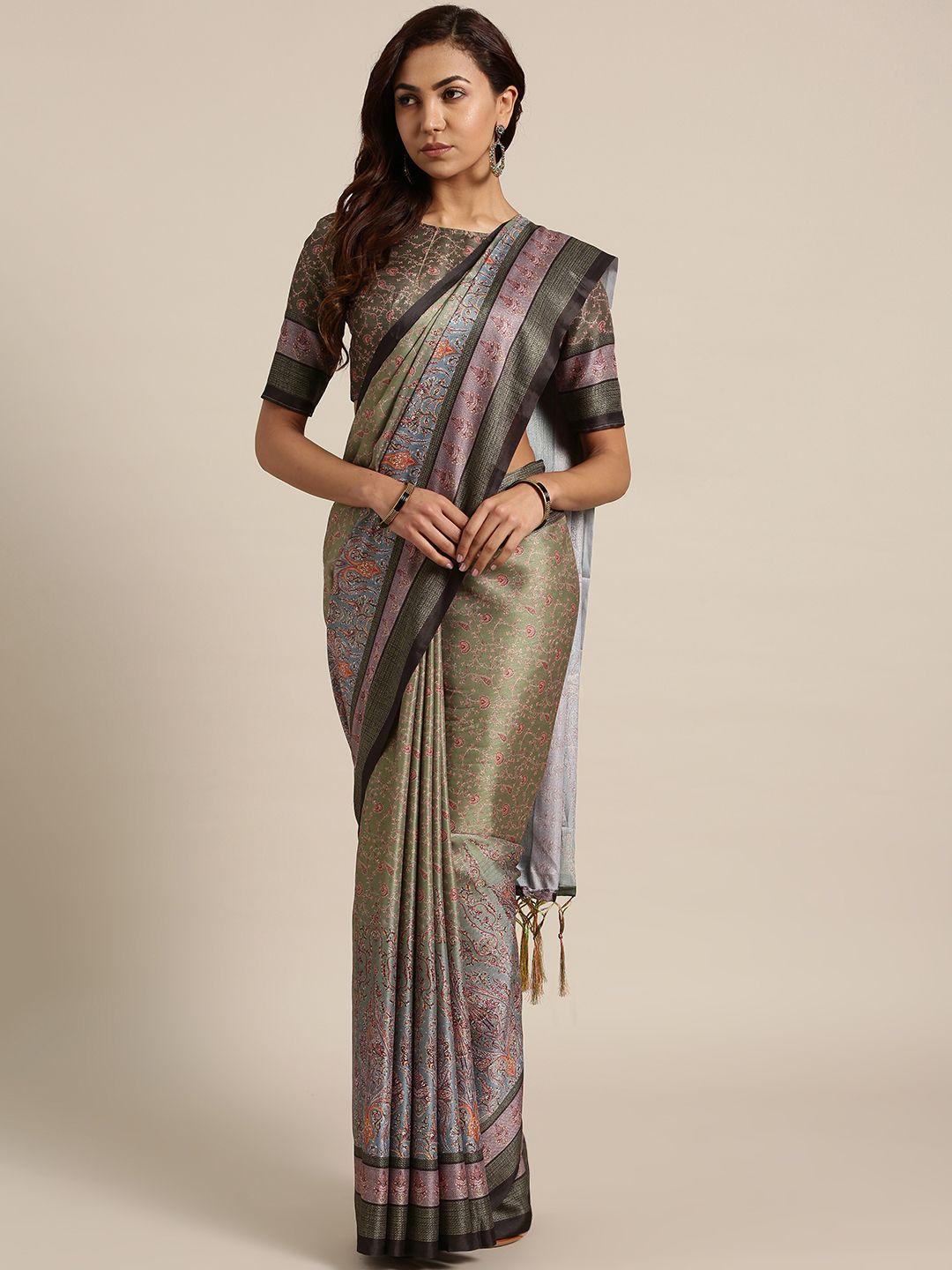 saree mall olive green & grey printed saree