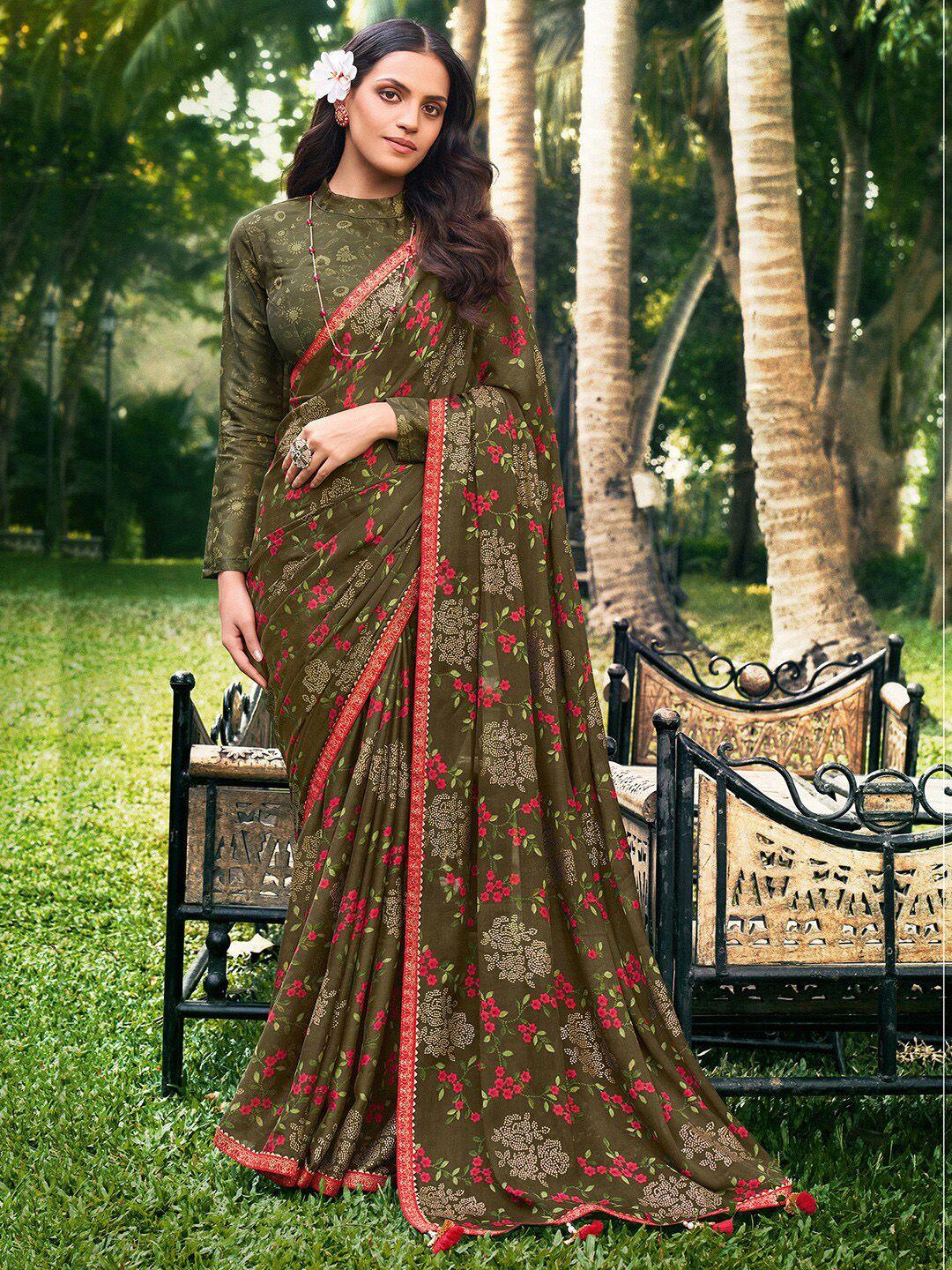 saree mall olive green & red floral pure chiffon sarees