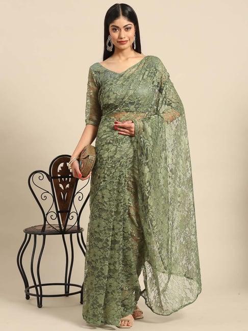 saree mall olive green embellished saree with unstitched blouse