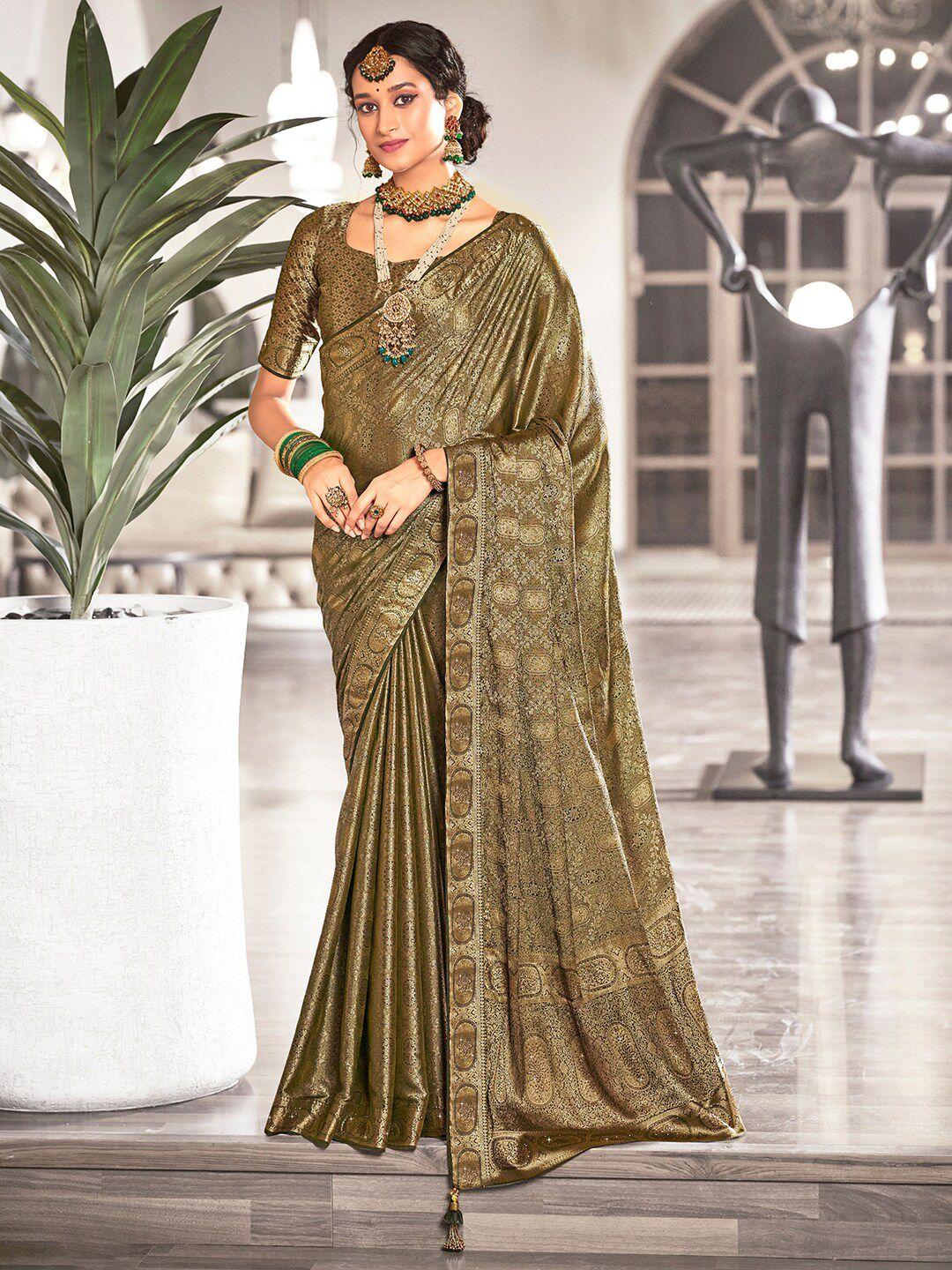 saree mall olive green ethnic motifs woven design zari pure silk banarasi sarees