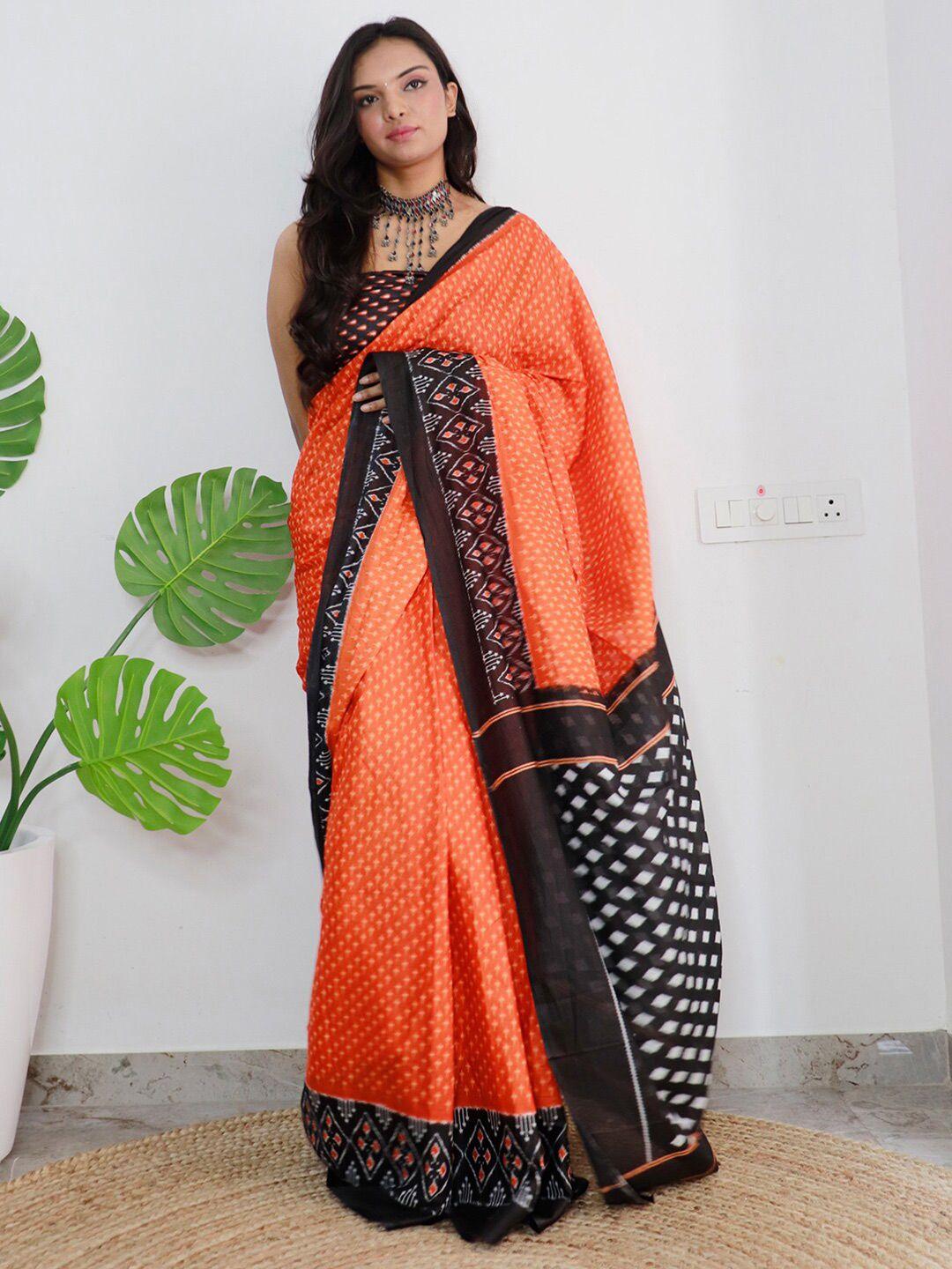 saree mall orange & black ethnic motifs printed pure cotton sarees