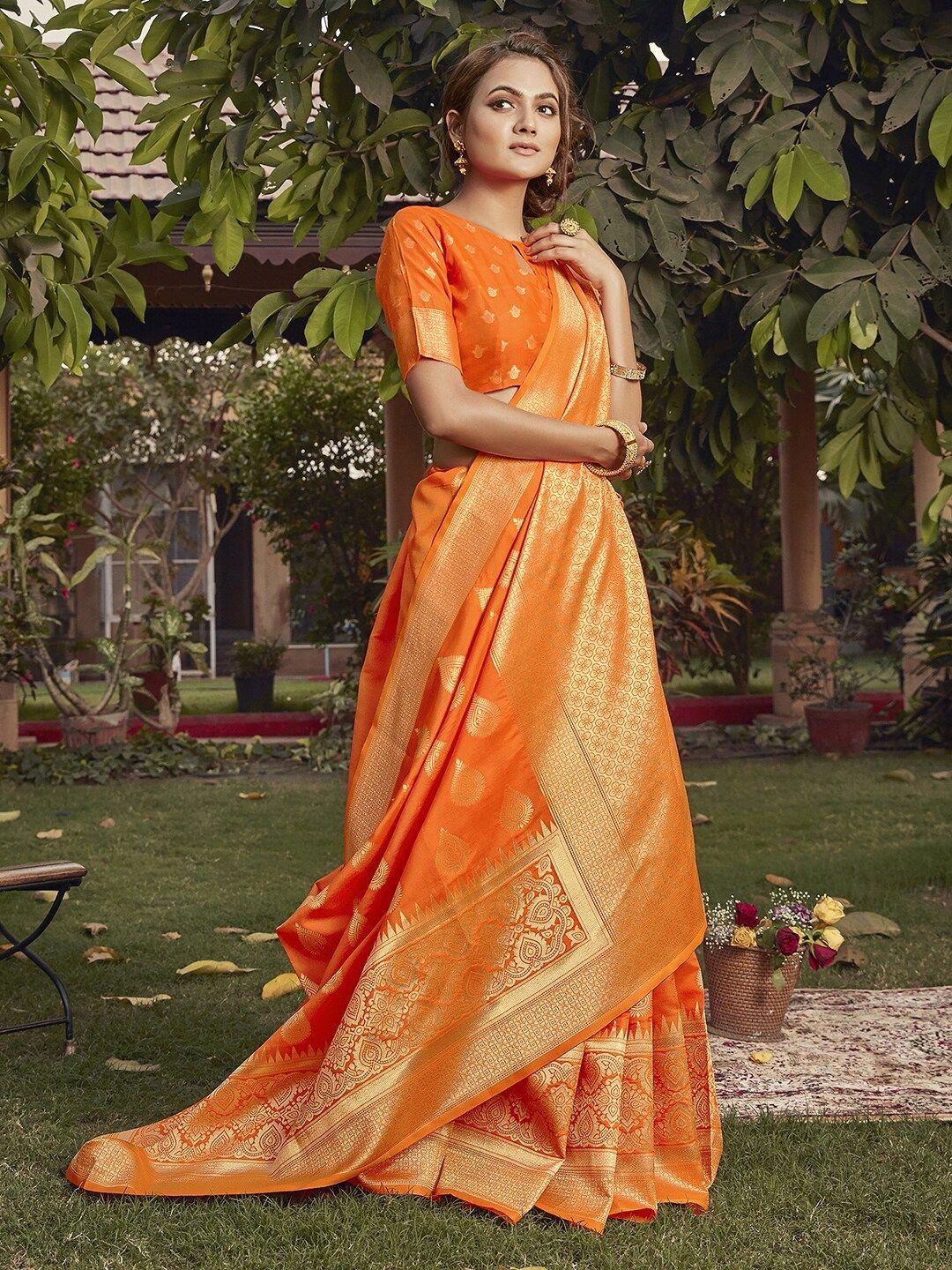 saree mall orange & gold-toned floral zari silk blend bagh sarees