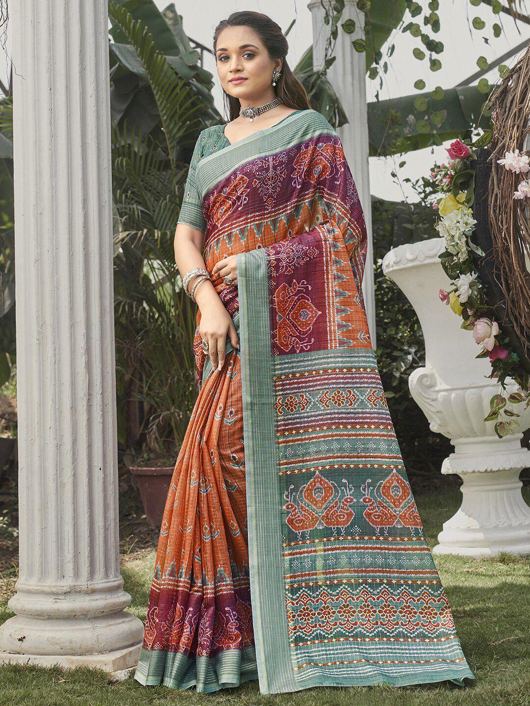 saree mall orange & grey bagh zari bagru sarees