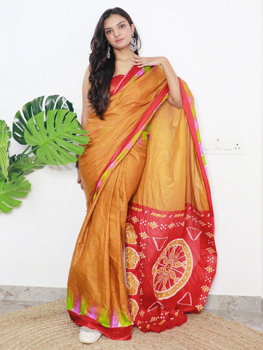 saree mall orange & red geometric printed pure cotton ikat sarees
