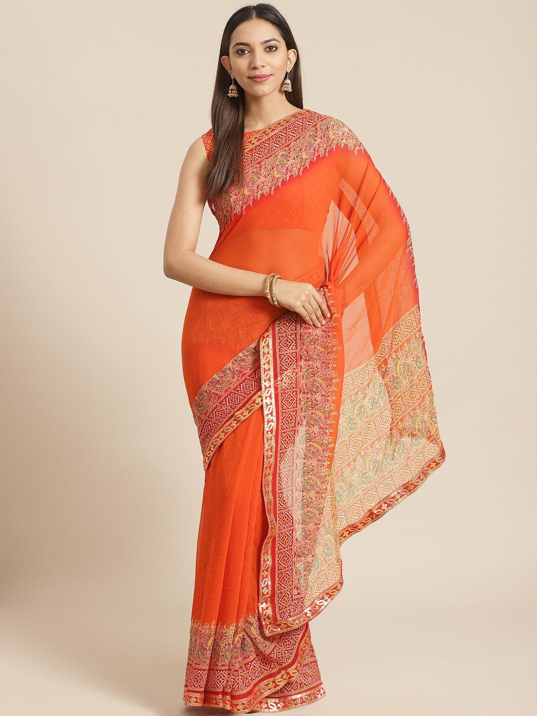 saree mall orange & red solid bandhani saree
