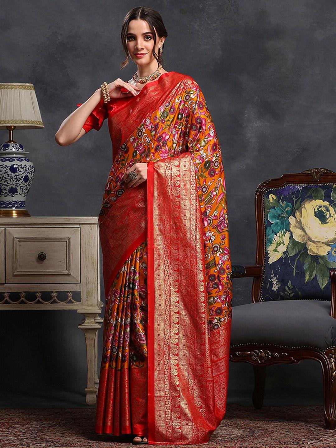 saree mall orange kalamkari silk blend designer sungudi sarees