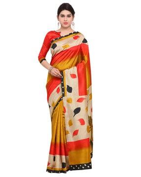 saree mall peach & mustard casual art silk floral print saree