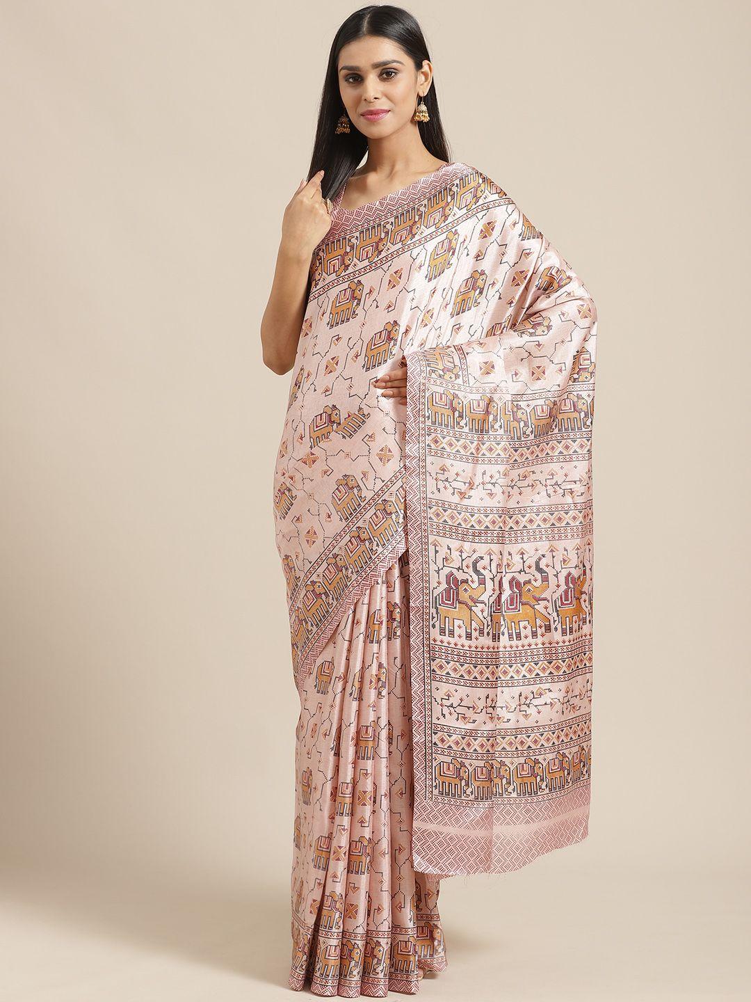 saree mall peach-coloured & beige printed saree