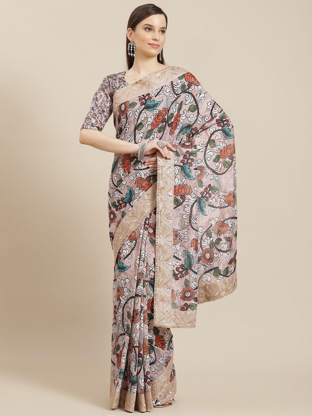 saree mall peach-coloured & blue floral gotta patti sarees