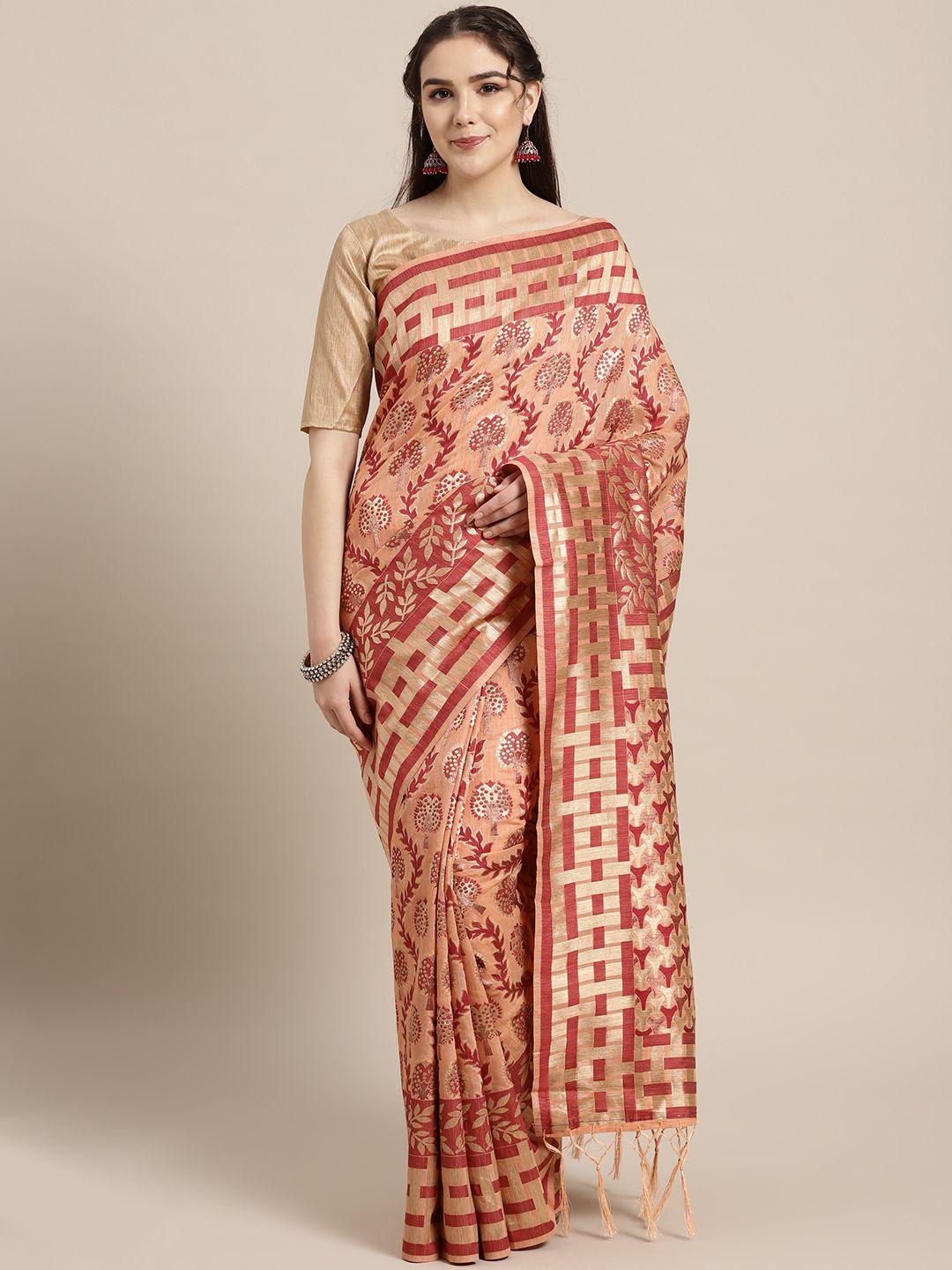 saree mall peach-coloured & red woven design saree