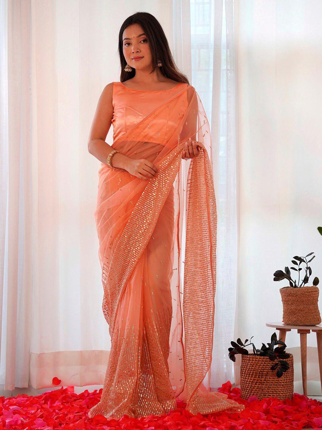 saree mall peach-coloured embellished sequinned net designer sarees