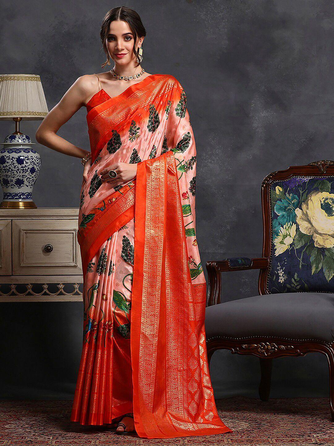 saree mall peach-coloured ethnic motifs silk blend designer bagh sarees