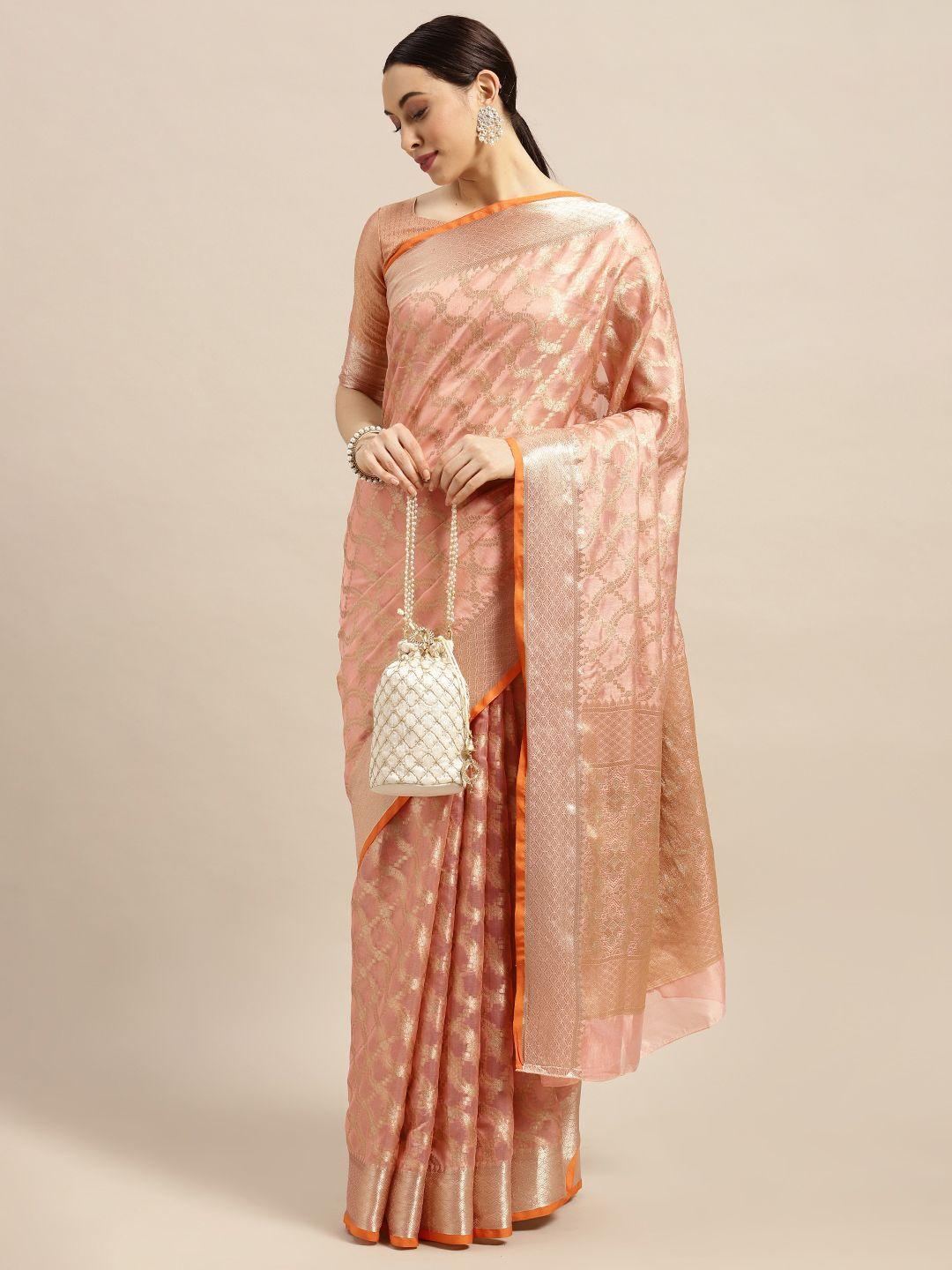 saree mall peach-coloured woven design silk blend banarasi saree