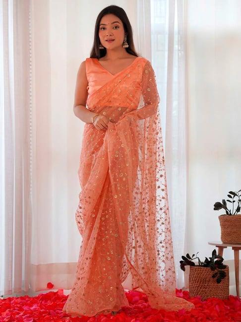 saree mall peach embellished saree with unstitched blouse