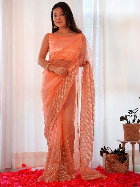 saree mall peach embellished saree with unstitched blouse