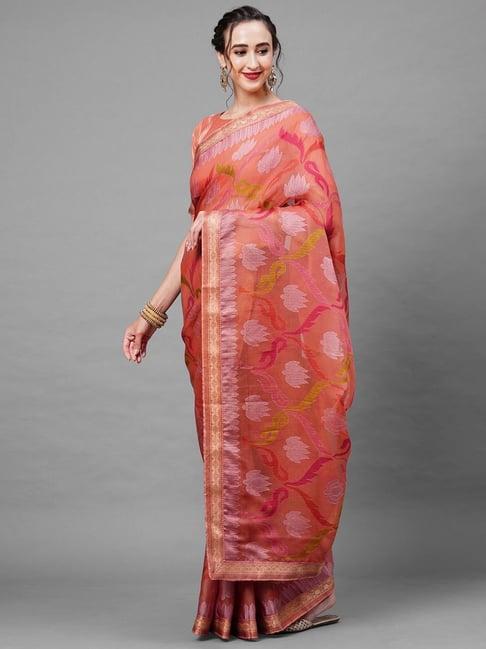 saree mall peach printed saree with unstitched blouse