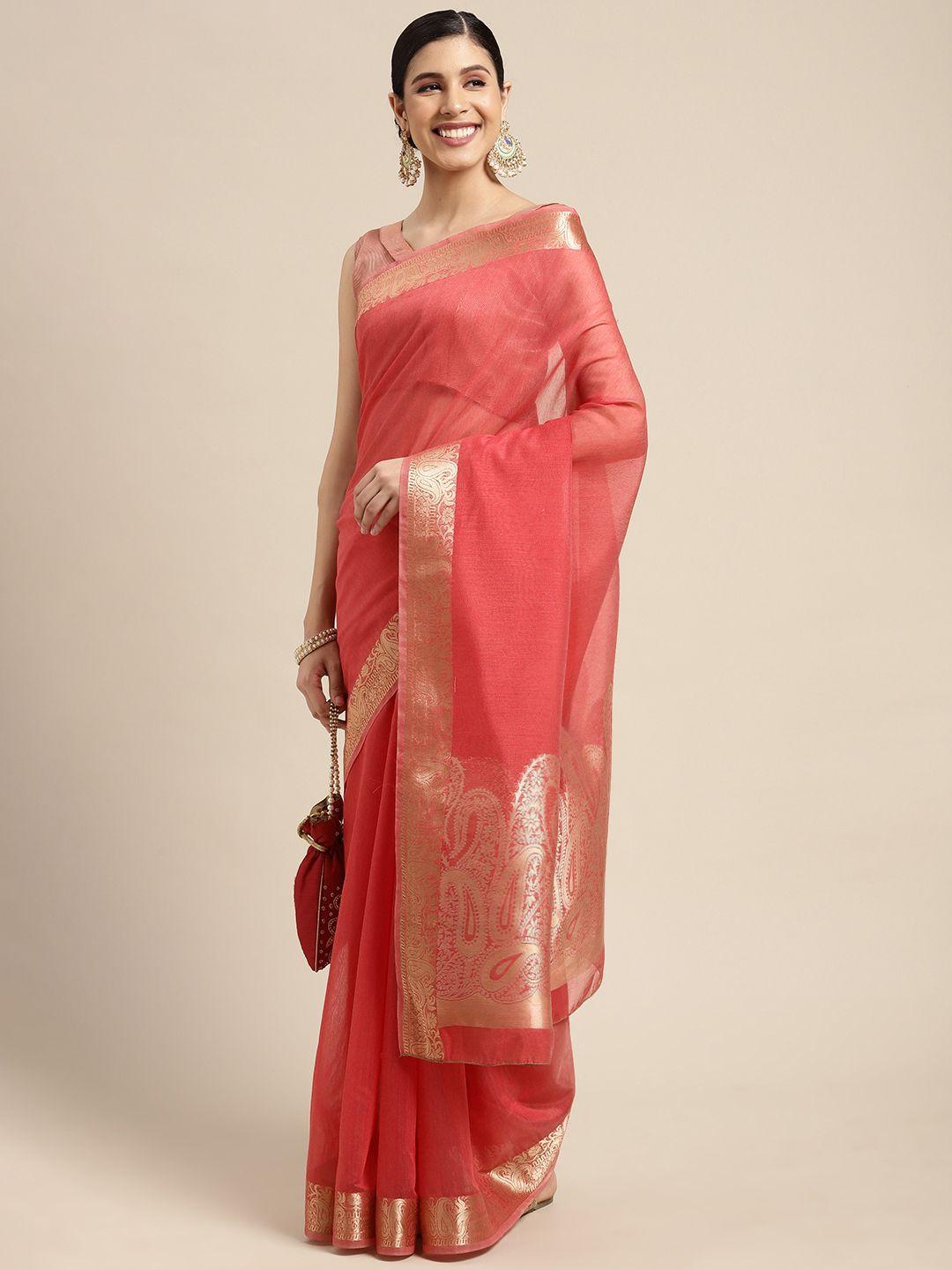 saree mall pink & gold solid linen blend taant sarees