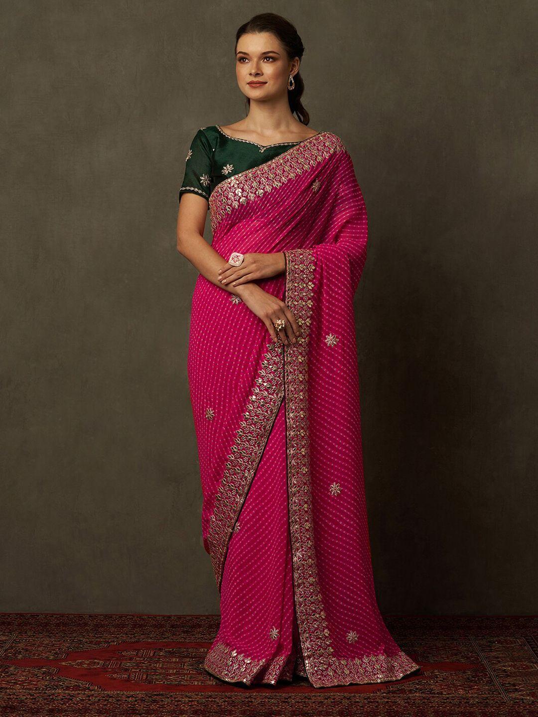 saree mall pink & gold-toned bandhani embroidered pure georgette bandhani sarees