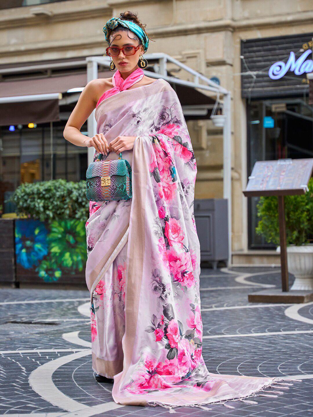 saree mall pink & gold-toned floral zari pure silk sungudi sarees