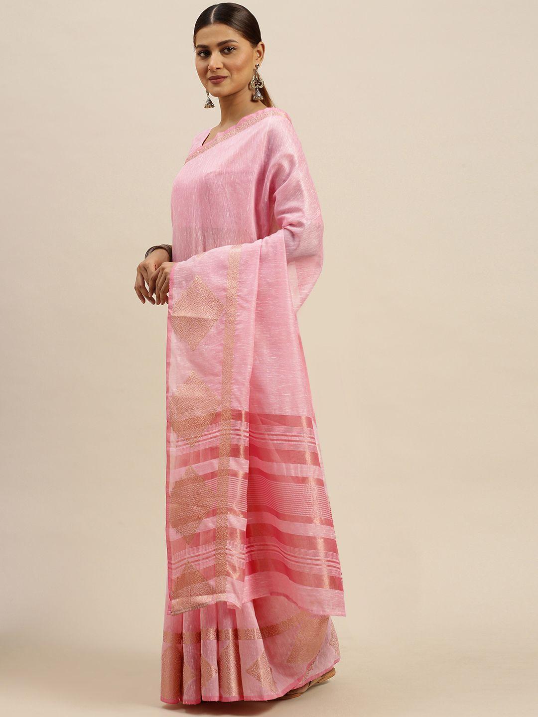 saree mall pink & gold-toned linen blend solid banarasi saree