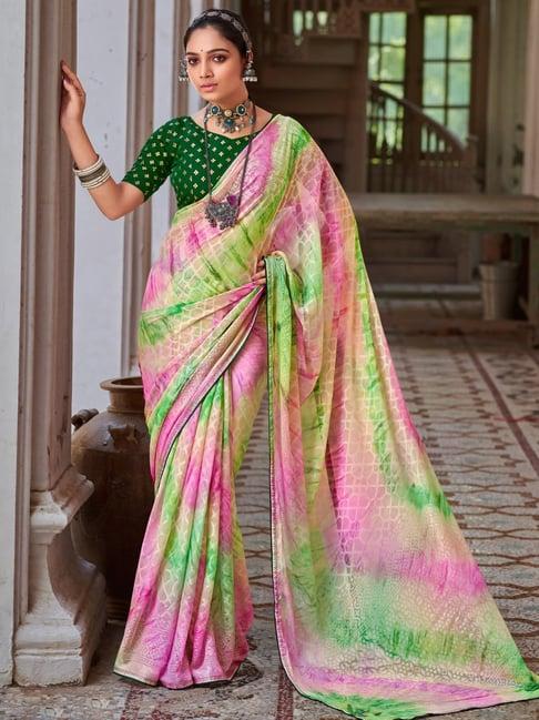 saree mall pink & green embellished saree with unstitched blouse