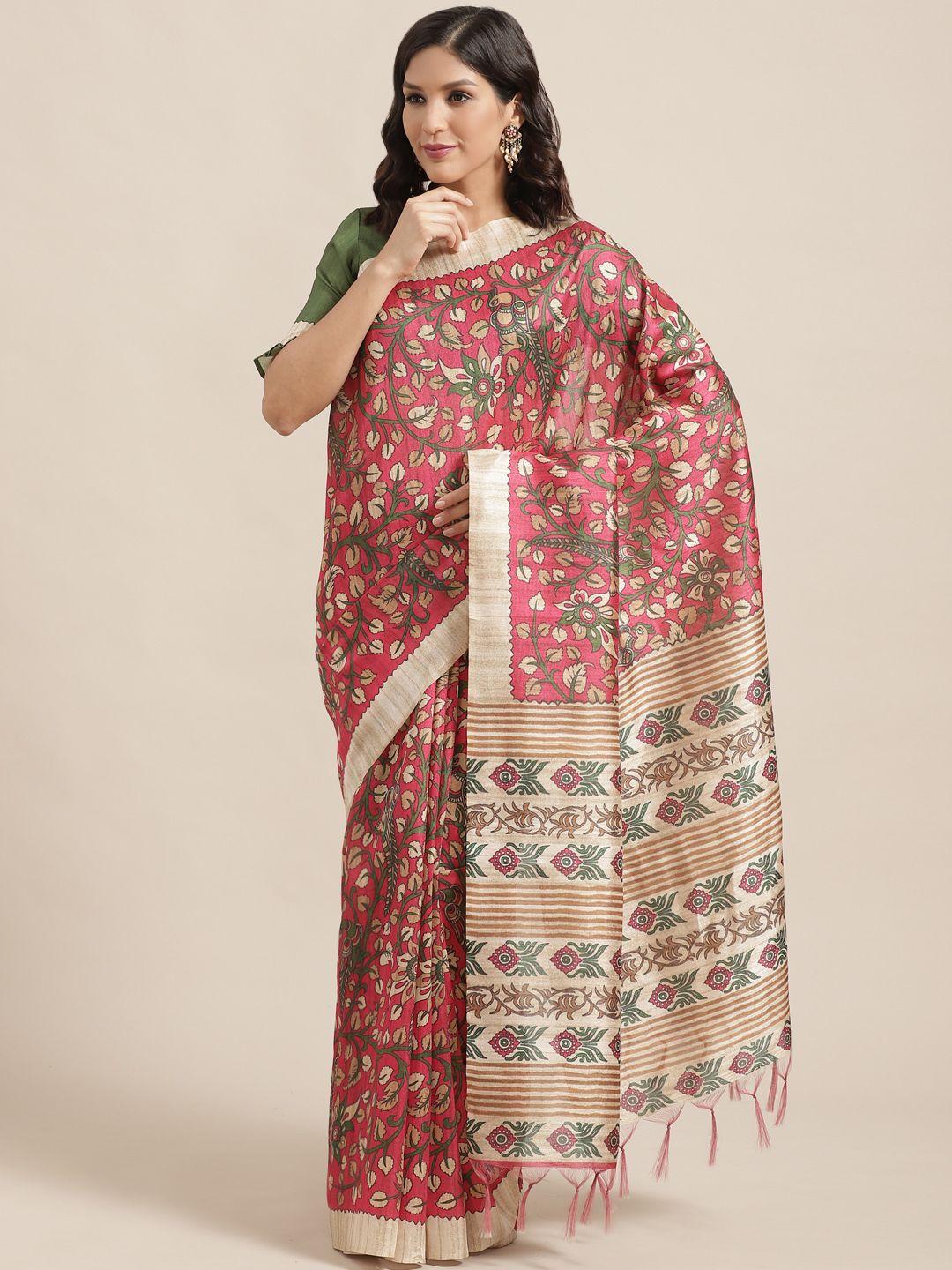 saree mall pink & green printed bhagalpuri handloom saree