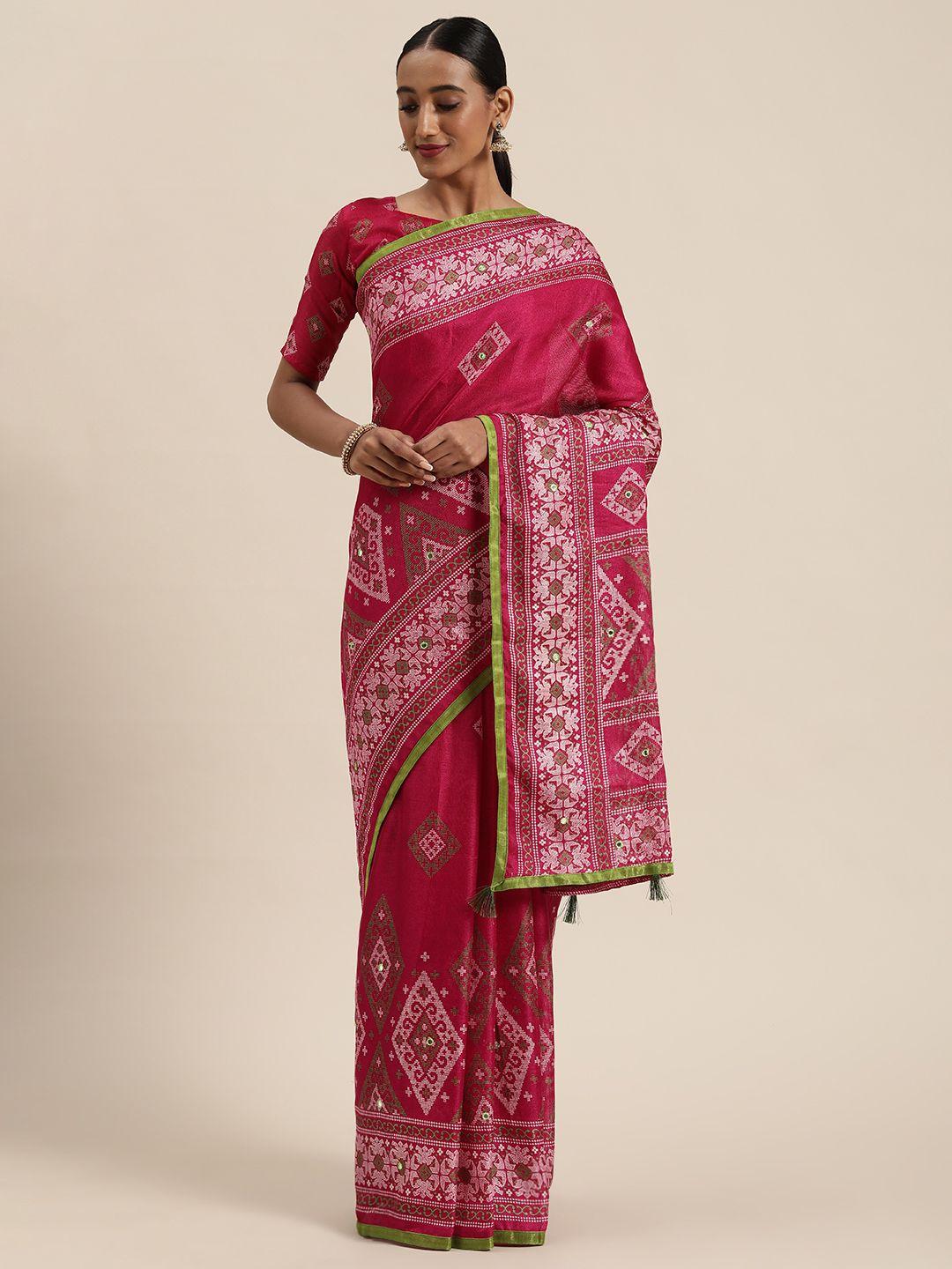 saree mall pink & white jute silk printed block print saree