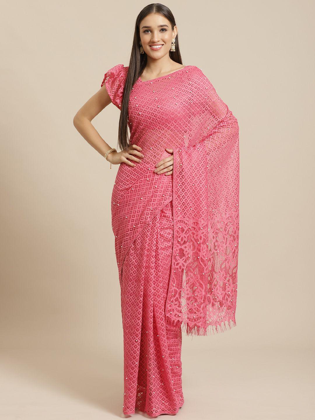saree mall pink embellished supernet saree
