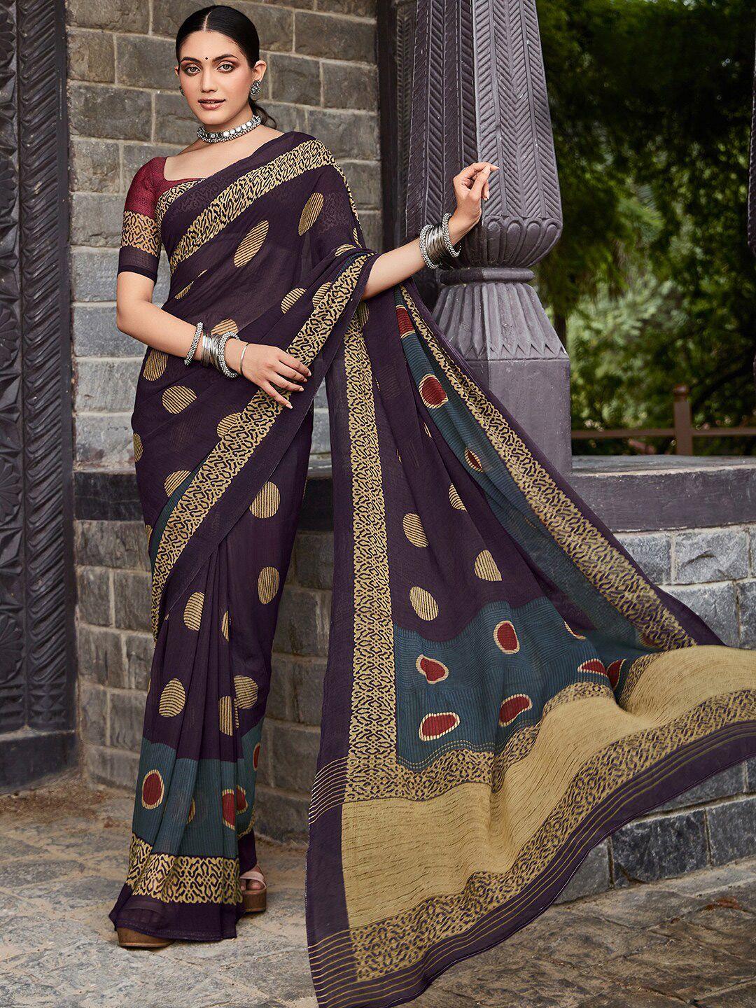 saree mall purple & beige pure georgette block print sarees