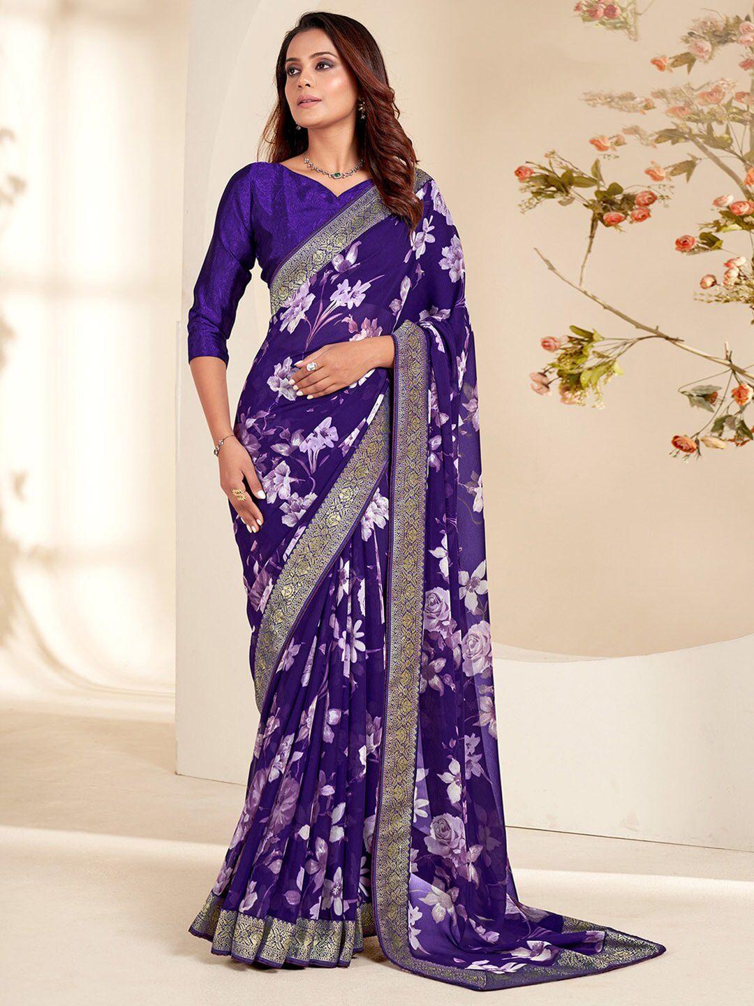 saree mall purple & white floral printed zari pure georgette sarees