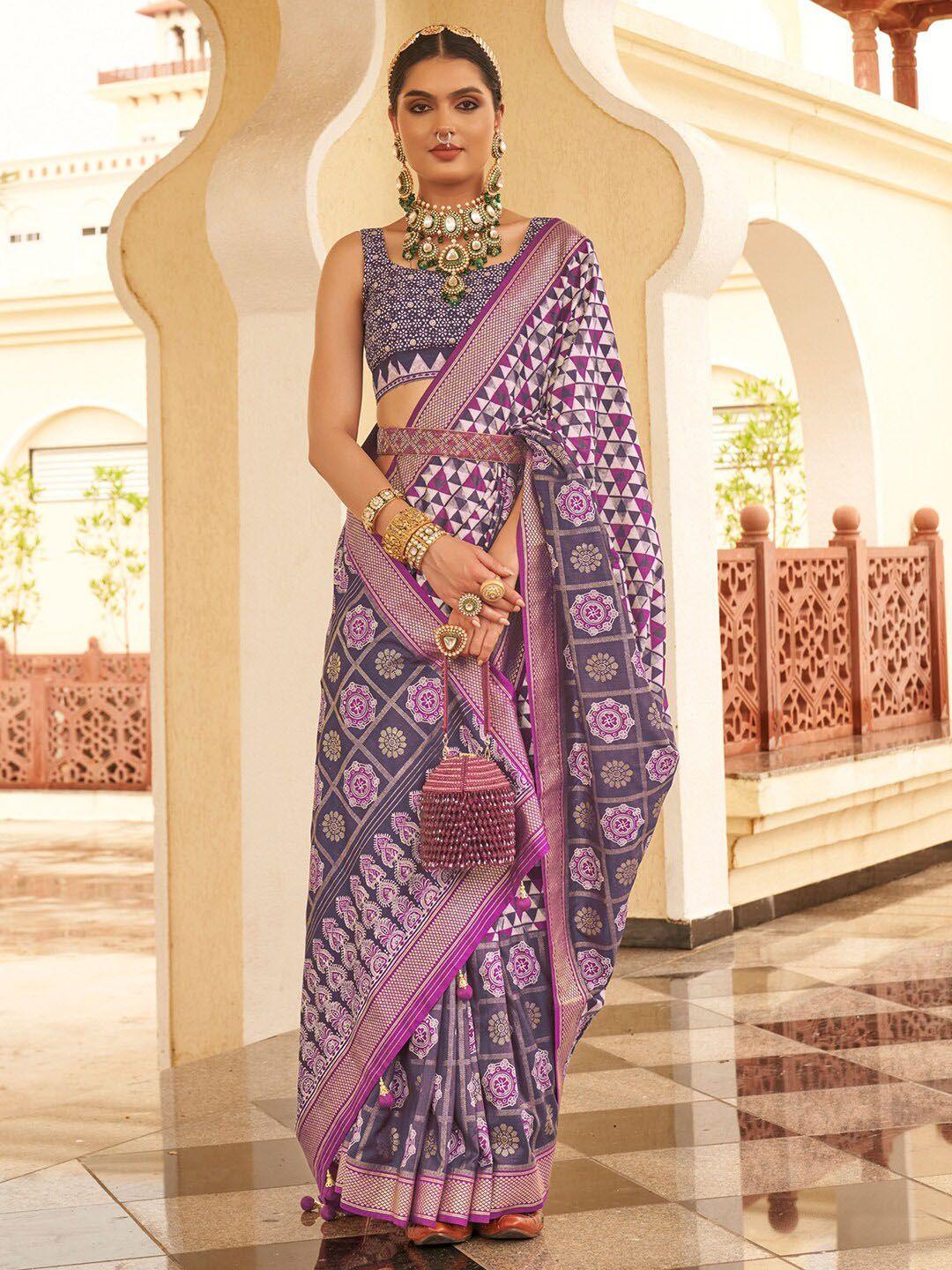 saree mall purple geometric printed zari detailed sarees