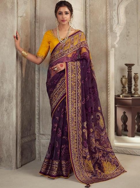 saree mall purple printed saree with unstitched blouse