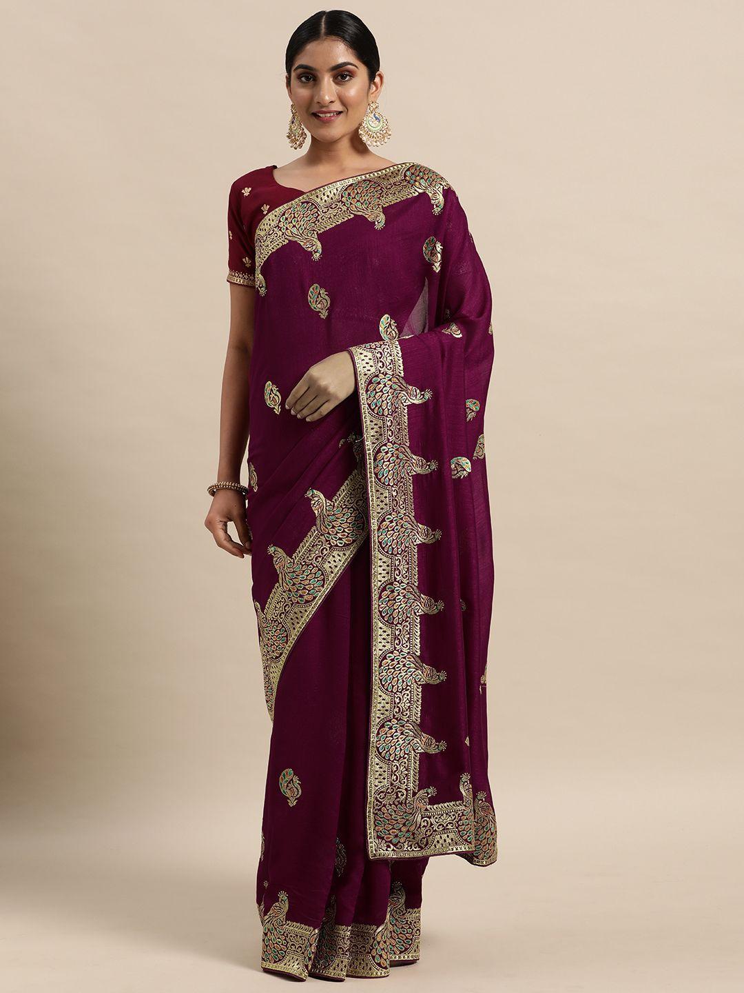 saree mall purple silk blend vichitra ethnic embelished sarees