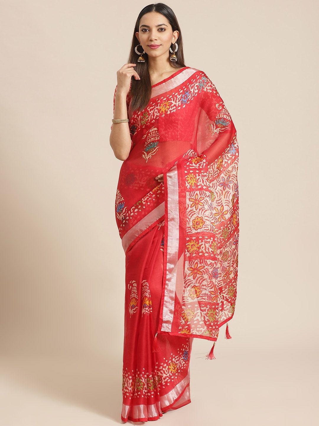 saree mall red & beige ethnic motif block print saree