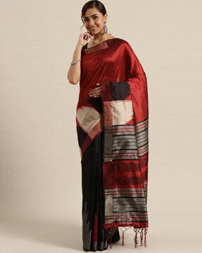 saree mall red & black festive cotton half & half saree with unstitched blouse