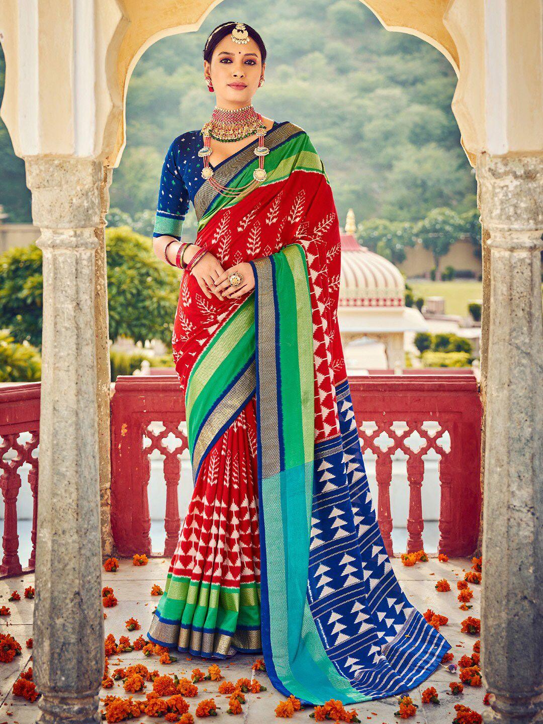 saree mall red & blue ethnic motifs printed zari ikat sarees