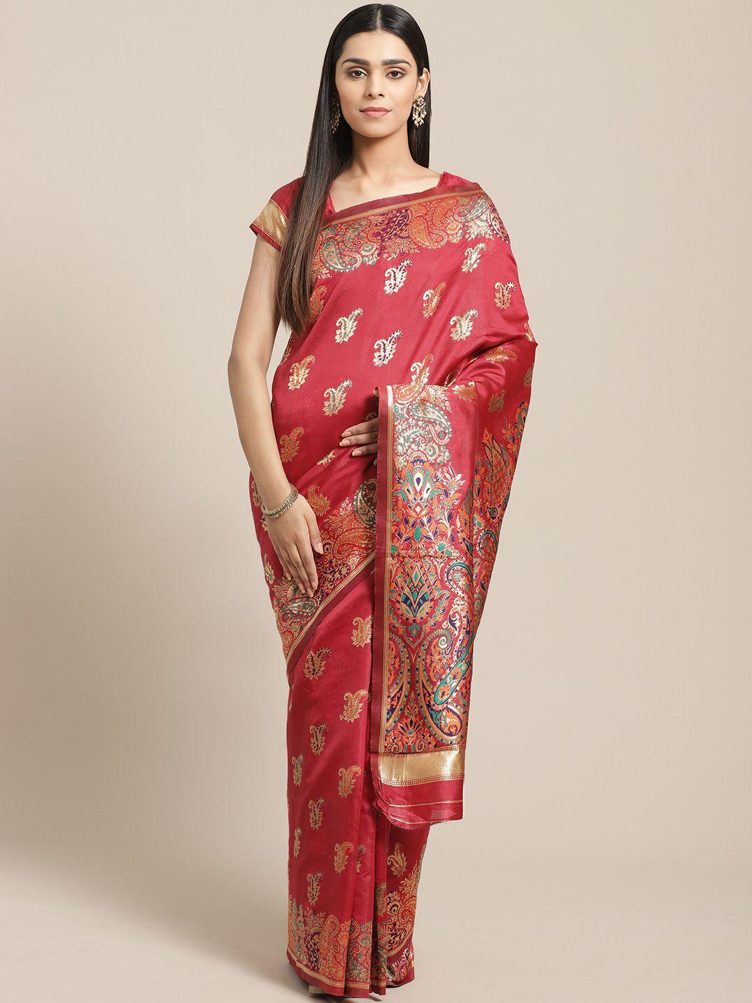 saree mall red & golden paisley woven design banarasi saree