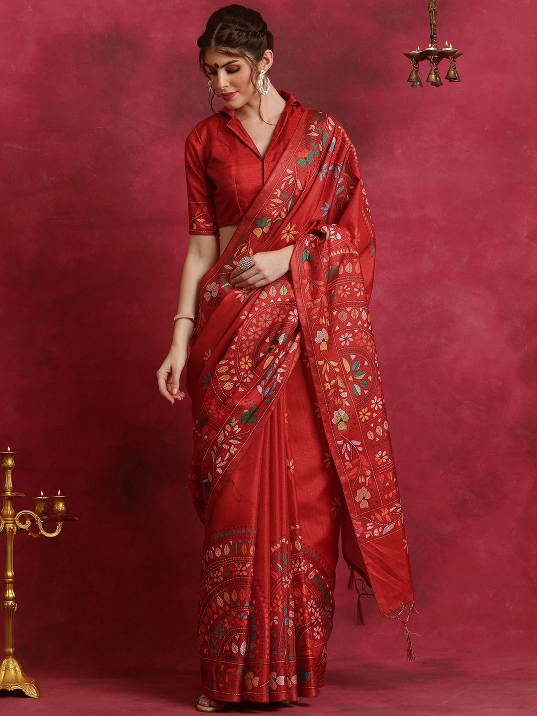saree mall red & green ethnic motifs block printed silk blend sarees