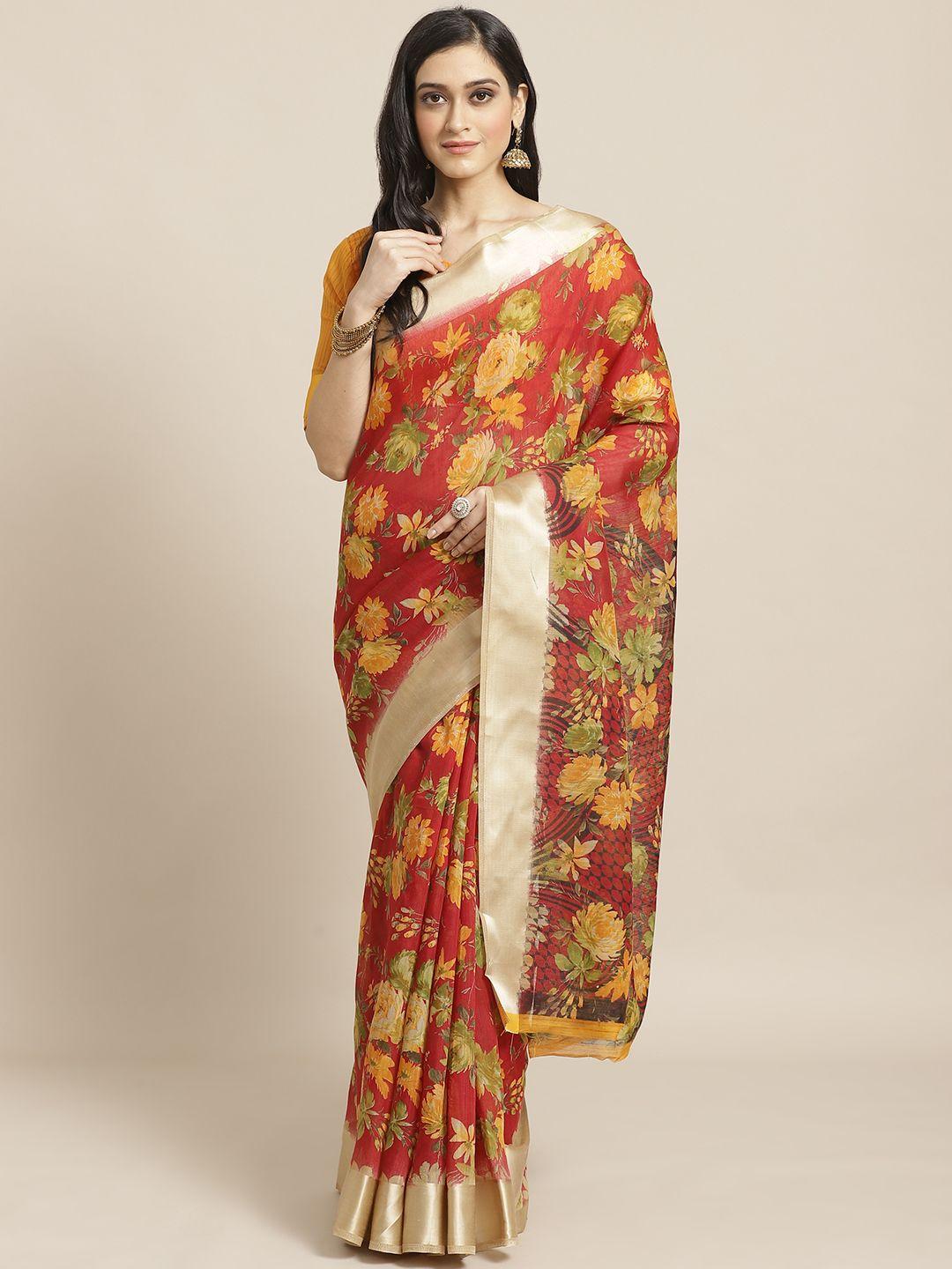 saree mall red & mustard yellow floral print saree