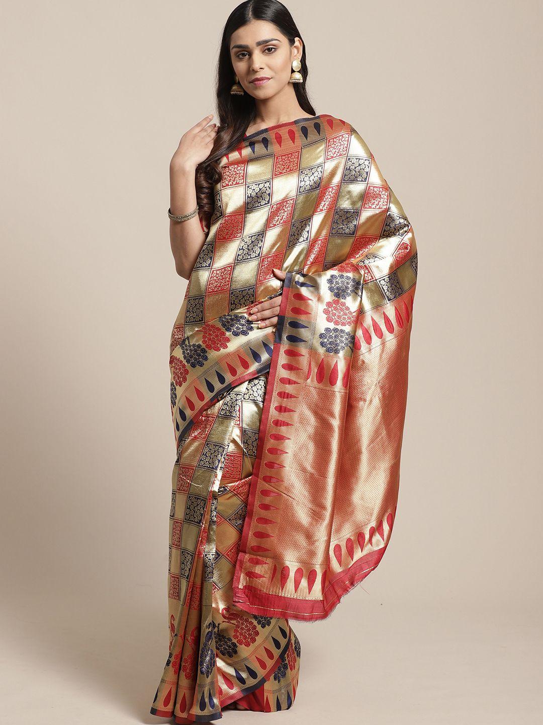 saree mall red & navy blue ethnic motifs silk blend sarees