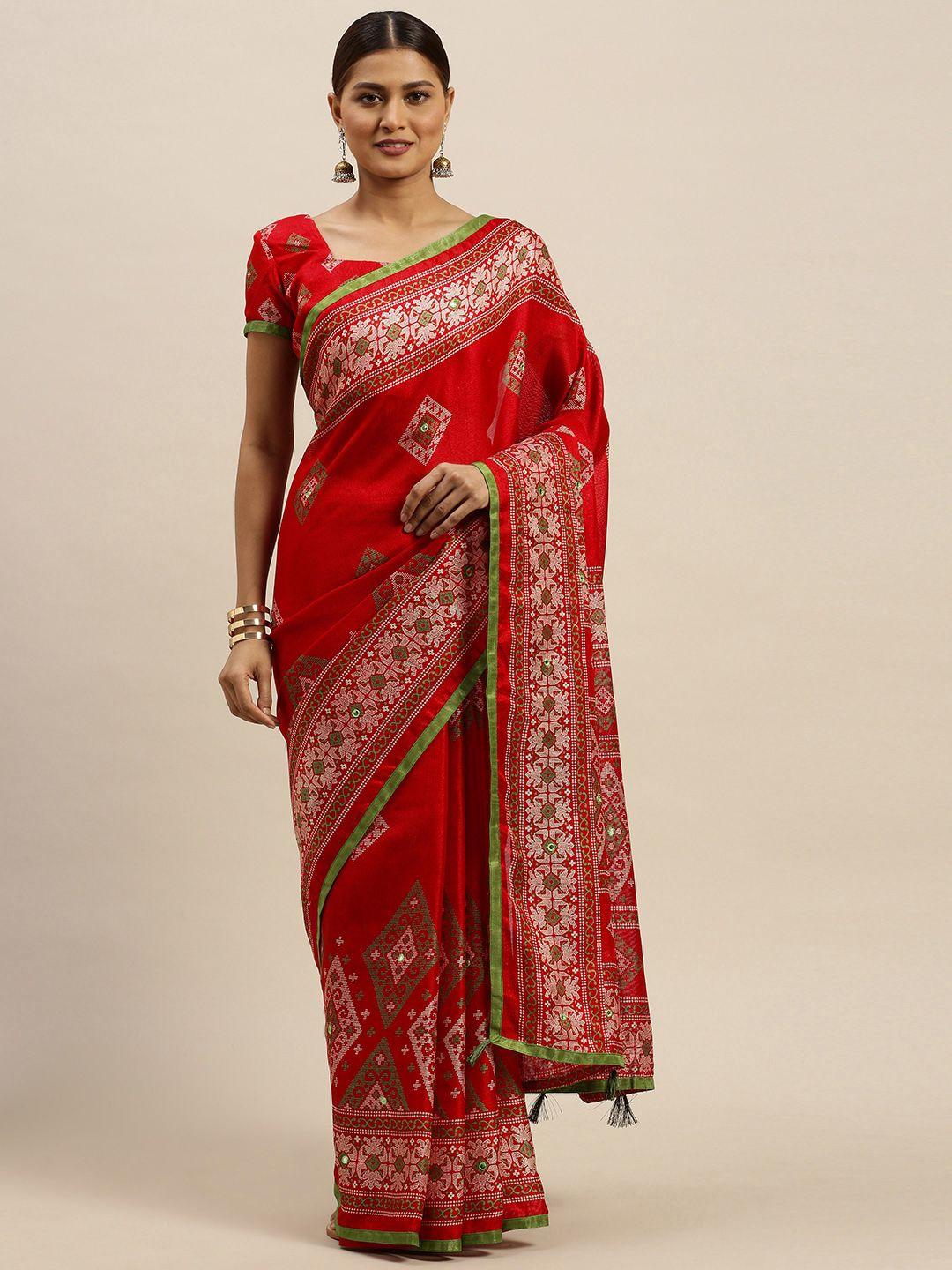 saree mall red & white jute silk block print saree