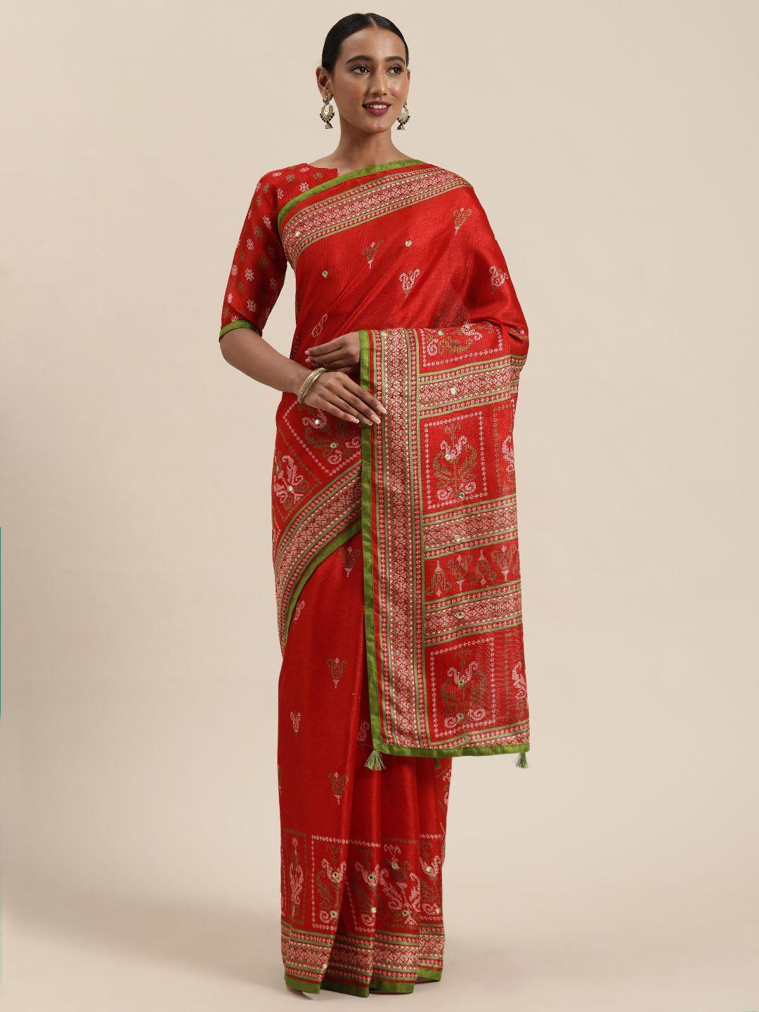 saree mall red & white jute silk printed block print saree