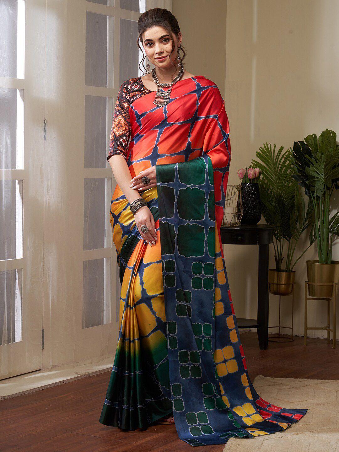 saree mall red & yellow geometric printed pure crepe saree