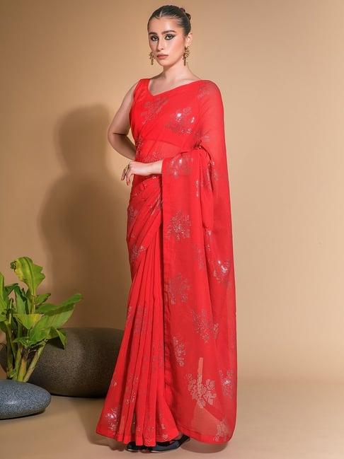 saree mall red embellished saree with unstitched blouse