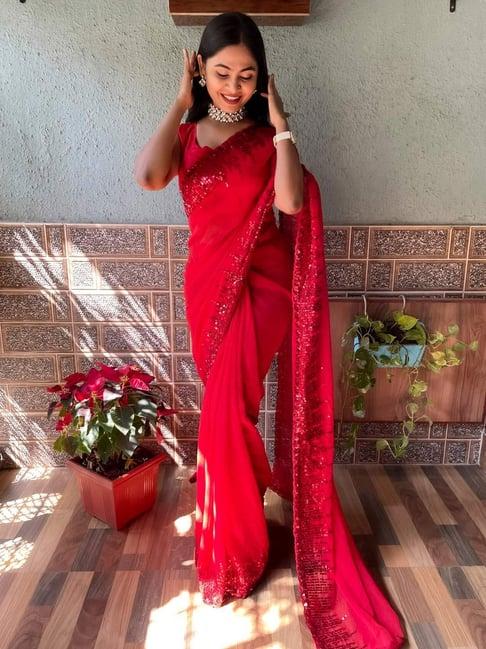 saree mall red embellished saree with unstitched blouse