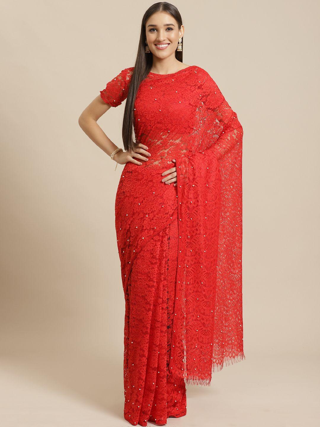 saree mall red embellished supernet saree